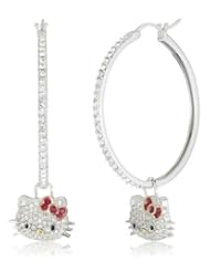 Hello Kitty by Simmons Jewelry Co. Czech Crystals Flat Pave Face and Red Crystals Girls Hoop Earrings