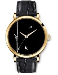 SPRAWL Aanalog Fashion Series Gold Ladies Watches of Genuine Black Leather Strap,Unique Wrist Watch for Women Girls Designed with Bird duckling and white branch