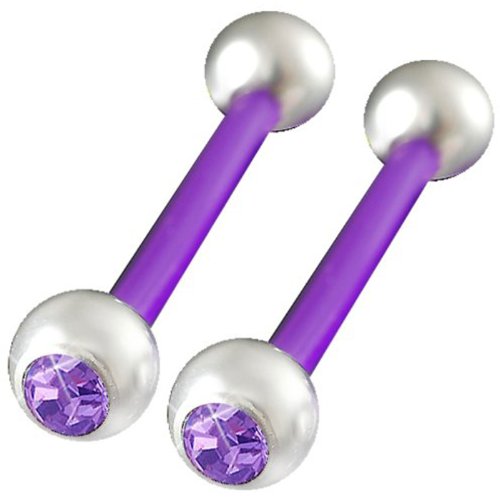 14g 14 gauge 1.6mm, 5/8" inch 16mm long - Purple flexible acrylic tongue bars bar tounge nipple barbell ear rings with 6mm stainless steel balls and Swarovski Crystal Jeweled Violet - Pierced Body Piercing Jewelry Jewellery - Set of 2 ALTH