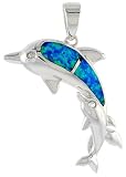 Sterling Silver Mother & Baby Dolphin Pendant, Inlaid w/ Lab Opal with CZ, 1 1/8 (30 mm) tall,