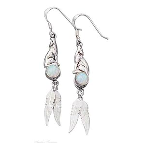 Sterling Silver Wolf Dangle Earrings Imitation Opal