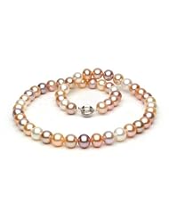 14KT White Gold Elegant Set of 8.0-8.5mm Multicolor Freshwater Pearls including Necklace Bracelet and Earrings.