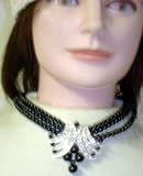N12, Three Strand Black Onyx Pearl Necklace with Crystals and Onyx on Sterling Silver Pendant and Matching Earrings for Women and Teens