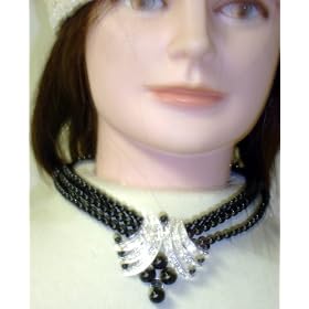 Click here to buy N12, Three Strand Black Onyx Pearl Necklace with Crystals and Onyx on Sterling Silver Pendant and... by Gita.