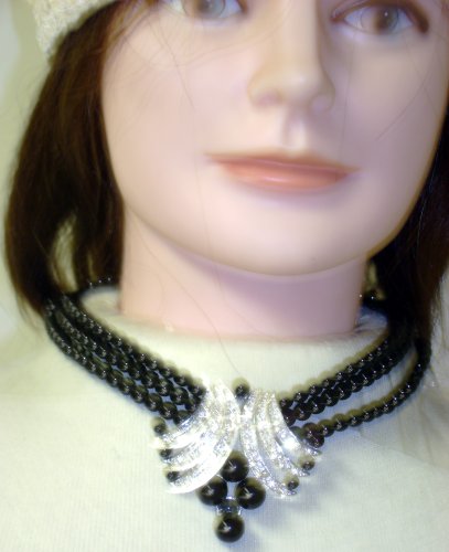 Click here to buy N12, Three Strand Black Onyx Pearl Necklace with Crystals and Onyx on Sterling Silver Pendant and....