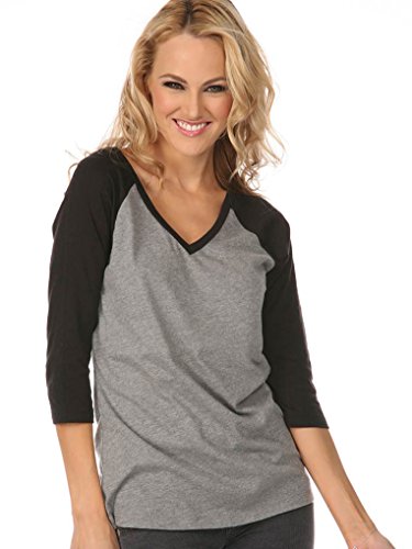 Kavio! Women Sheer Jersey Cntrst V Neck Raglan 3/4 Sleeve