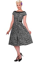 Sabrina Neck Cotton/Polyester Cap Sleeves Vintage  Dress With a Ribbon 