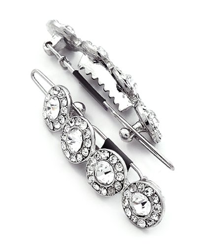 2 Silvertone Clear Round Rhinestone Metal Snap Hair Barette Clips