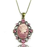 Vintage Style Antique Brass Pink Cameo Lady Pendant Necklace - Gift Boxed
