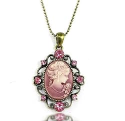 Vintage Style Antique Brass Pink Cameo Lady Pendant Necklace - Gift Boxed