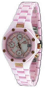Oniss #ON8201-LRG Women's Rose Gold Trim Multi Function 3 Dial Display Pink Ceramic Watch