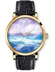 SPRAWL Aanalog Fashion Series Gold Ladies Watches of Genuine Black Leather Strap,Unique Wrist Watch for Women Girls Designed with Top mountain landscape