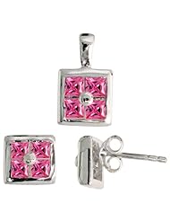 Sterling Silver Square-shaped Stud Earrings (6.5mm) & Pendant (11mm tall) Set, w/ Princess Cut Pink Tourmaline-colored CZ Stones