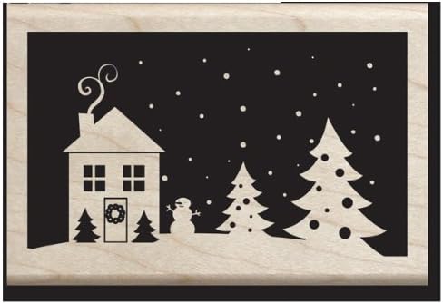 House and Tree's on a Hill Snowy Night Wood Stamp