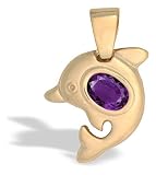 14K Yellow Gold Genuine Oval Amethyst Dolphin Pendant