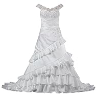 V-neck Asymmetric  Applique Tiered Beaded Cap Sleeves Taffeta  Dress With Ruffles