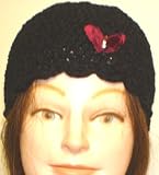 Hand Crocheted Black Chenille and Gimp Tweed Skull Cap for Women and Teens Trimmed with One Burgundy Color Rhinestone Velvet Butterfly