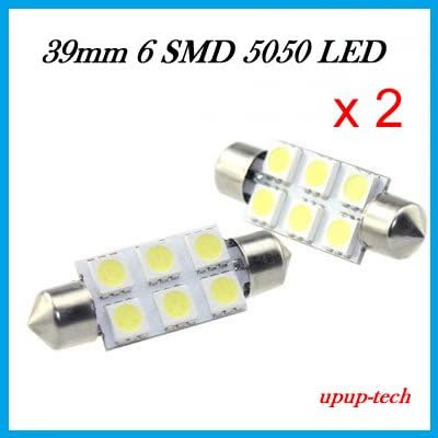 2 x 39MM 6 SMD LED 5050 Festoon Dome Light Bulbs DC 12V White 6000K 90Lumen