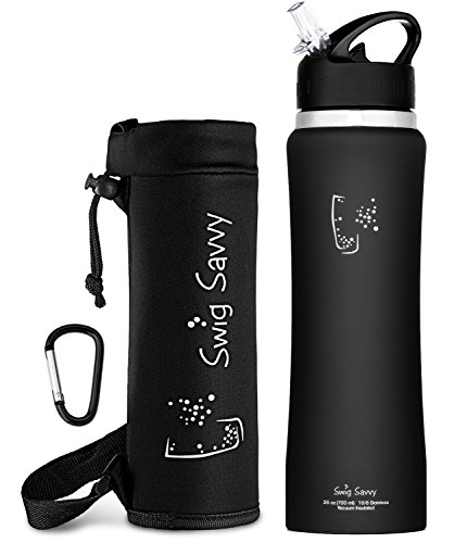Swig Savvy s Stainless Steel Insulated Water Bottle, Wide Mouth 25 Oz Capacity, Double Wall Design, with flip straw and sweat-proof rubber coating -Including Water Bottle Pouch (Black)