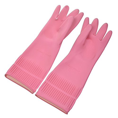 KLOUD City®Large Size Rubber Premium WaterProof Non-slip Gloves for doing the dishes/washing/clearning (Pink 1 pair)