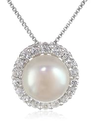 Sterling Silver Lady Di Freshwater Cultured Pearl and White Topaz Pendant Necklace, 18"