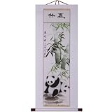 Hand-Painted 48 Oriental Wall Art Scroll - Summer Bamboo & Pandas With White Border