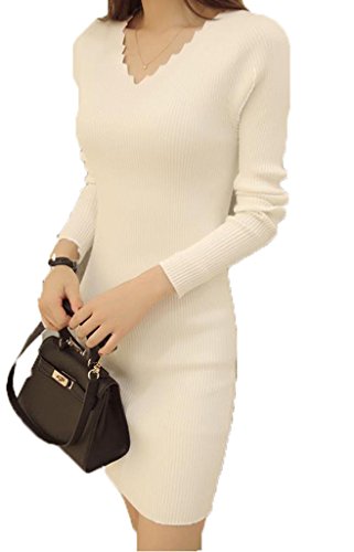 (ドチィン)DaoCheng ロング丈 セーター ワンピース レディース 秋冬 無地 長袖セーター レディース V ネック ファッション ワンピース 伸縮性 プルオーバー ニットワンピース レディース チュニック ボディコン セクシー ニットワンピース セーター