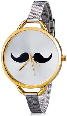 VONCE 9940 Womens Moustache Print Round Analog Watch with Stainless Steel Case &amp; Steel Strap M.