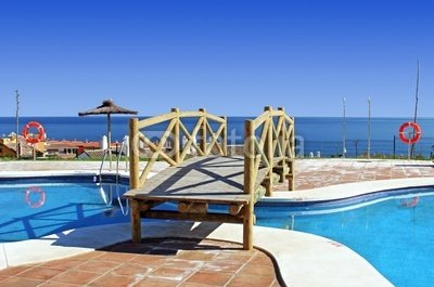 Wallmonkeys Peel and Stick Wall Decals - Wooden Bridge over Swimming Pool in Spanish Urbanisation - 36 Wallmonkeys Peel and Stick Wall Decals - Wooden Bridge over Swimming Pool in Spanish Urbanisation - 36