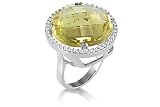14K White Gold Matte-Finish Hand-Crafted Designer Ring, Centered with a Lemon Quartz Semi-Precious Stone, Surrounded by Pave Set Diamonds.