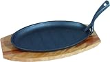WAS 3521300 Gusseisen-Servierpfanne mit Serviergriff und Holzuntersetzer, oval, schwarz 26x17 cm