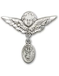 Sterling Silver Baby Badge with St. Christopher Charm and Angel with Wings Badge Pin
