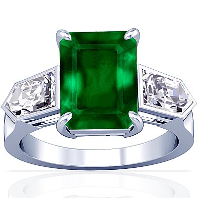 18K White Gold Emerald Cut Emerald Fana Designer Ring