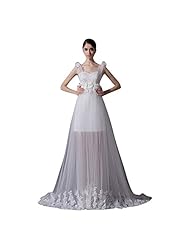 V-neck Tulle Short  Backless Lace Applique Asymmetric Wedding Dress  With Ruffles