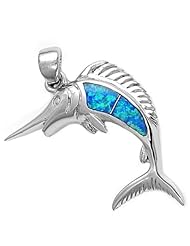 Marlin Fish Pendant with Blue and White Lab Opal Sterling Silver 925 Jewelry
