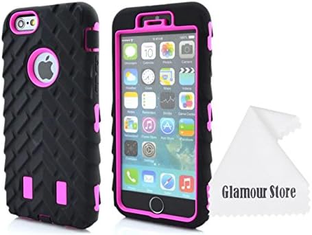 iPhone 6 Case,Soft Rubber Hard Hybrid Tire Stripe Combo High Impact Heavy Silicone Case Cover For Apple iPhone 6 4.7inch With a Free Cleaning Cloth As a Gift (Hot Pink)