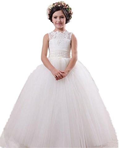 LuckyHouses Keyhole Back Appliques Tulle Wedding Flower Girl Pageant Dress (12, Ivory)