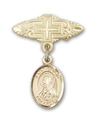 Gold Filled Baby Badge with St. Brigid of Ireland Charm and Badge Pin with Cross