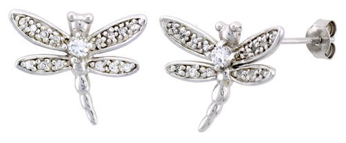 Sterling Silver Jeweled Dragonfly Post Earrings, w/ Cubic Zirconia stones, 3/4 (19mm)