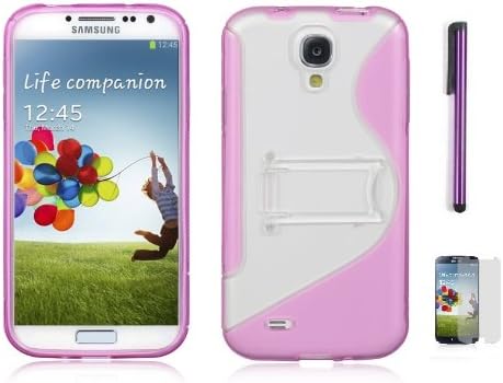Premium New Samsung Galaxy S4 I9500 Standed Flexible TPU Phone Protective Cover Skin Case With And Screen Protector And Purple Metal Touch Screen Capacitive Stylus Pen (Compatible with ALL Samsung Galaxy S4 Models) (Pink)