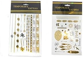 Flash Tattoo's Set of 2 Metallic Silver and Gold Temporary Tattoos. Decorative Feather, Owl, Peace Love and Aztec Wrap Designs.
