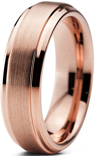 Tungsten Wedding Band Ring 6mm for Men Women Comfort Fit 18K Rose Gold Plated Beveled Edge Brushed Polished Lifetime Guarantee
