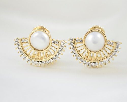 18k Gold Filled Charm Women/girl's Rhinestone Fan Pearl Stud Earrings Jewelry