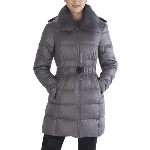 Jessie G. Women's Hooded Down Puffer Coat with Removable Rabbit Fur Trim - Dark Gray S