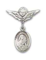 Sterling Silver Baby Badge with St. Theresa Charm and Angel with Wings Badge Pin
