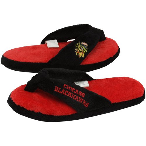 Chicago Blackhawks Ladies Black-Red Plush Thong Slipper (X-Large)