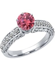 1.05 Ct Round Pink and White Diamond 14K White Gold Ring