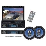 Pyle Complete Audio/Video Package for the Car/Truck/SUV, PLTS77DU 7-Inch Single-DIN In-Dash Motorized TFT/LCD Touchscreen Monitor Receiver with DVD/CD/MP3/MP4/USB/SD/AM-FM/RDS + PL63BL Pair of 6.5-Inch 360-Watt 3-Way Speakers