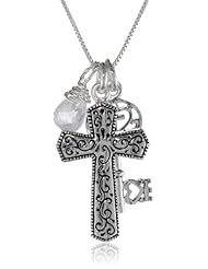 Sterling Silver Three Charm Neck with A Cross, Key and Clear Crystal, 18"