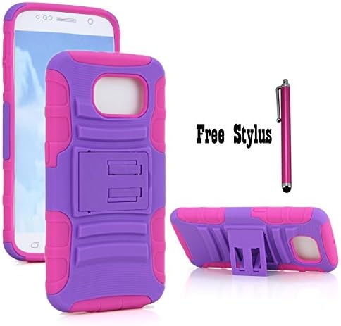 The Little Penguin Samsung Galaxy S6 Armor Protective Case - Shock &amp; Bump-proof Armor Hybrid Case with Built-in Kickstand for Samsung Galaxy S6 &amp; Stylus Pen + Fishbone Earphone Cord Organizer bundles (Kickstand Case - Black and Green) (Kickstand Case - Pink and Purple)